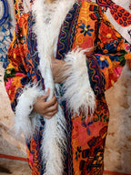 Vintage Lava Orange Floral Embroidered Afghan Coat: Mongolian Fur Trim, Reversible Cotton,