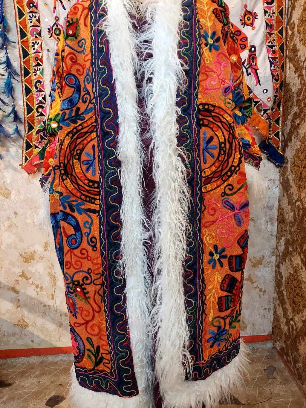 Vintage Lava Orange Floral Embroidered Afghan Coat: Mongolian Fur Trim, Reversible Cotton,