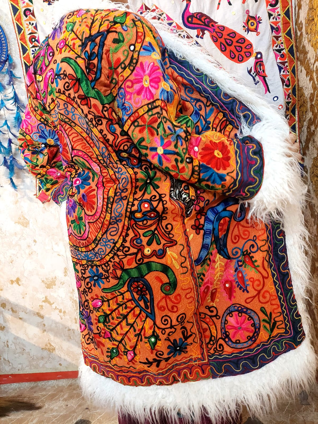 Vintage Lava Orange Floral Embroidered Afghan Coat: Mongolian Fur Trim, Reversible Cotton,