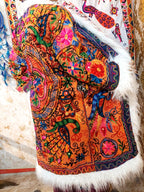 Vintage Lava Orange Floral Embroidered Afghan Coat: Mongolian Fur Trim, Reversible Cotton,