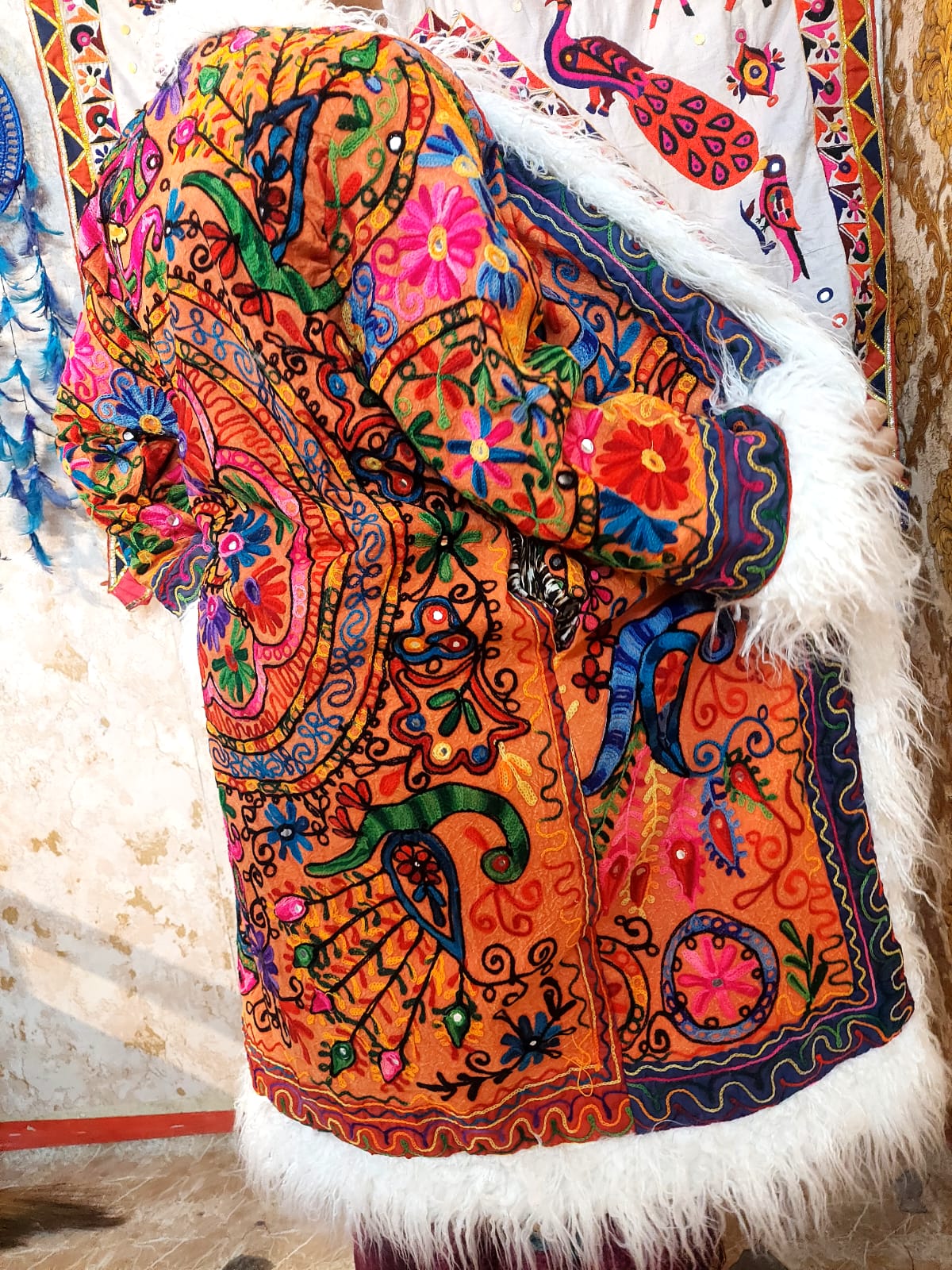 Vintage Lava Orange Floral Embroidered Afghan Coat: Mongolian Fur Trim, Reversible Cotton,