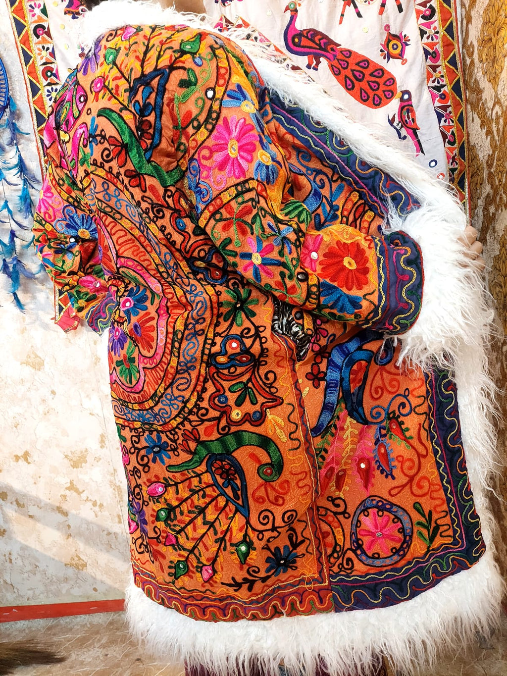 Vintage Lava Orange Floral Embroidered Afghan Coat: Mongolian Fur Trim, Reversible Cotton,