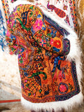 Vintage Lava Orange Floral Embroidered Afghan Coat: Mongolian Fur Trim, Reversible Cotton,