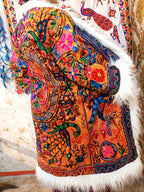 Vintage Lava Orange Floral Embroidered Afghan Coat: Mongolian Fur Trim, Reversible Cotton,