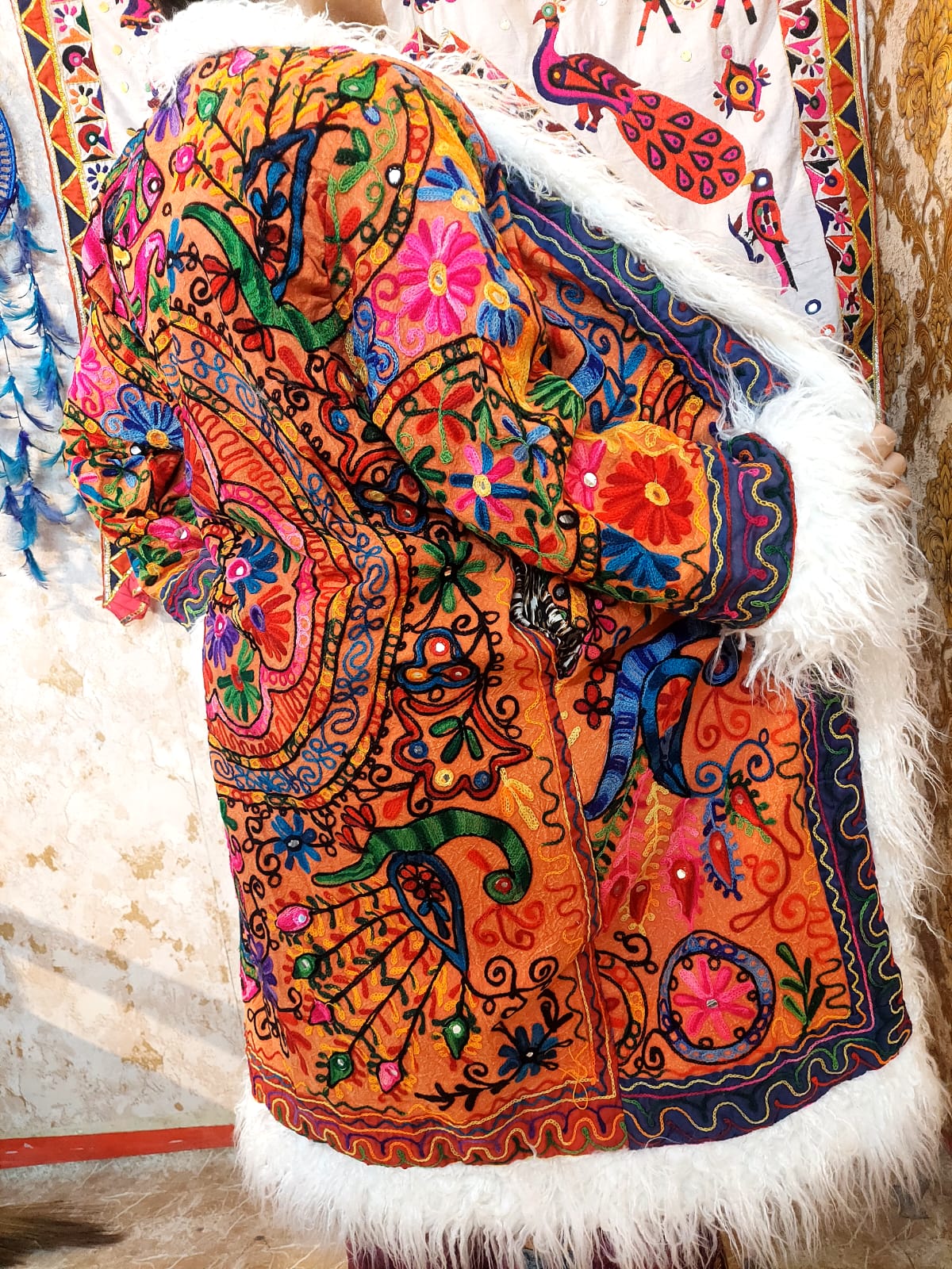 Vintage Lava Orange Floral Embroidered Afghan Coat: Mongolian Fur Trim, Reversible Cotton,