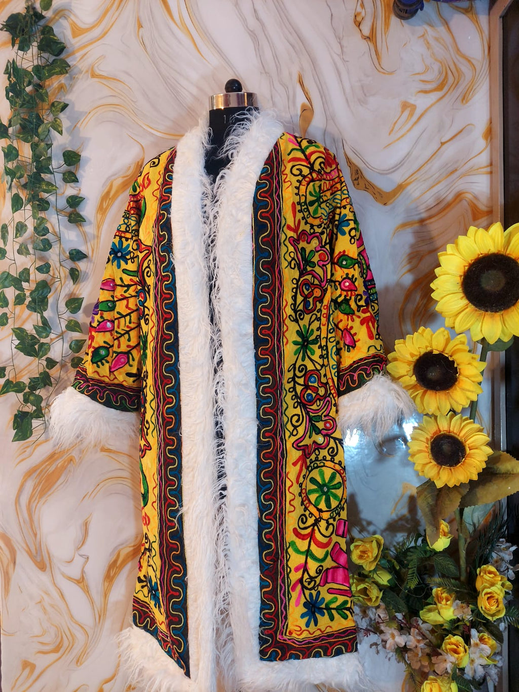 Vintage lava orange Floral Embroidered Afghan Coat: Mongolian Fur Trim, Reversible Cotton,