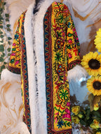 Vintage lava orange Floral Embroidered Afghan Coat: Mongolian Fur Trim, Reversible Cotton,