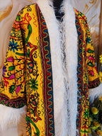 Vintage lava orange Floral Embroidered Afghan Coat: Mongolian Fur Trim, Reversible Cotton,