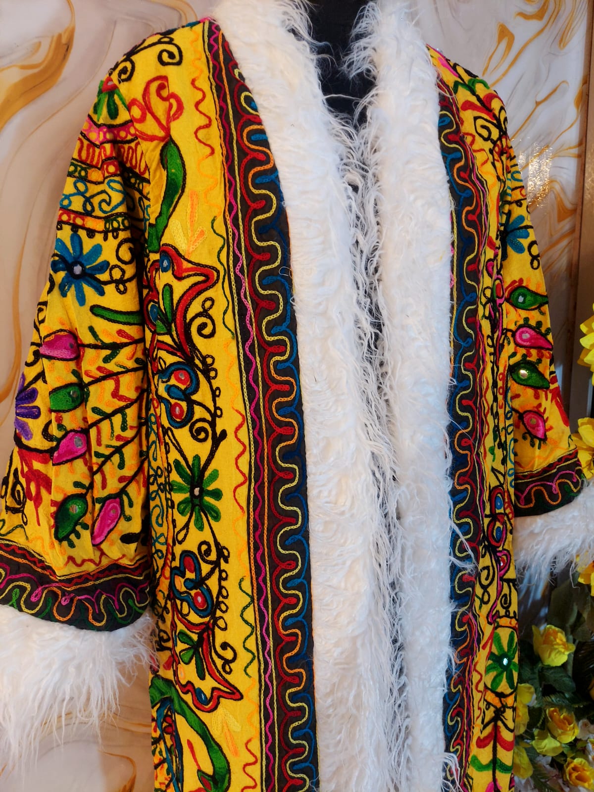 Vintage lava orange Floral Embroidered Afghan Coat: Mongolian Fur Trim, Reversible Cotton,