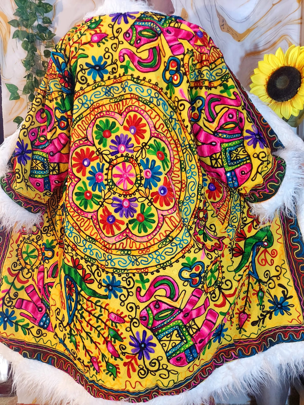 Vintage lava orange Floral Embroidered Afghan Coat: Mongolian Fur Trim, Reversible Cotton,