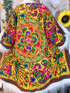 Vintage lava orange Floral Embroidered Afghan Coat: Mongolian Fur Trim, Reversible Cotton,