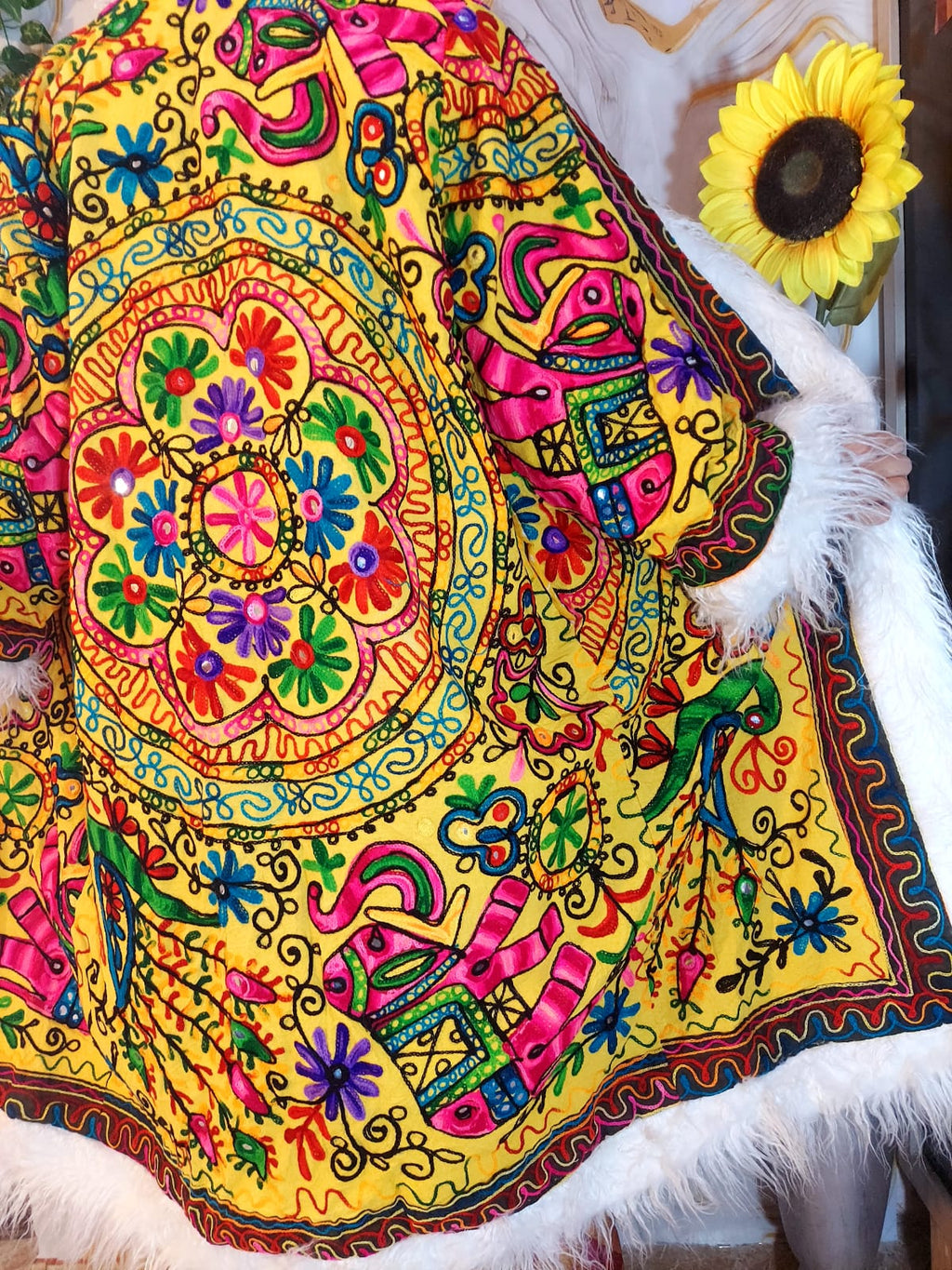 Vintage lava orange Floral Embroidered Afghan Coat: Mongolian Fur Trim, Reversible Cotton,