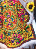 Vintage lava orange Floral Embroidered Afghan Coat: Mongolian Fur Trim, Reversible Cotton,