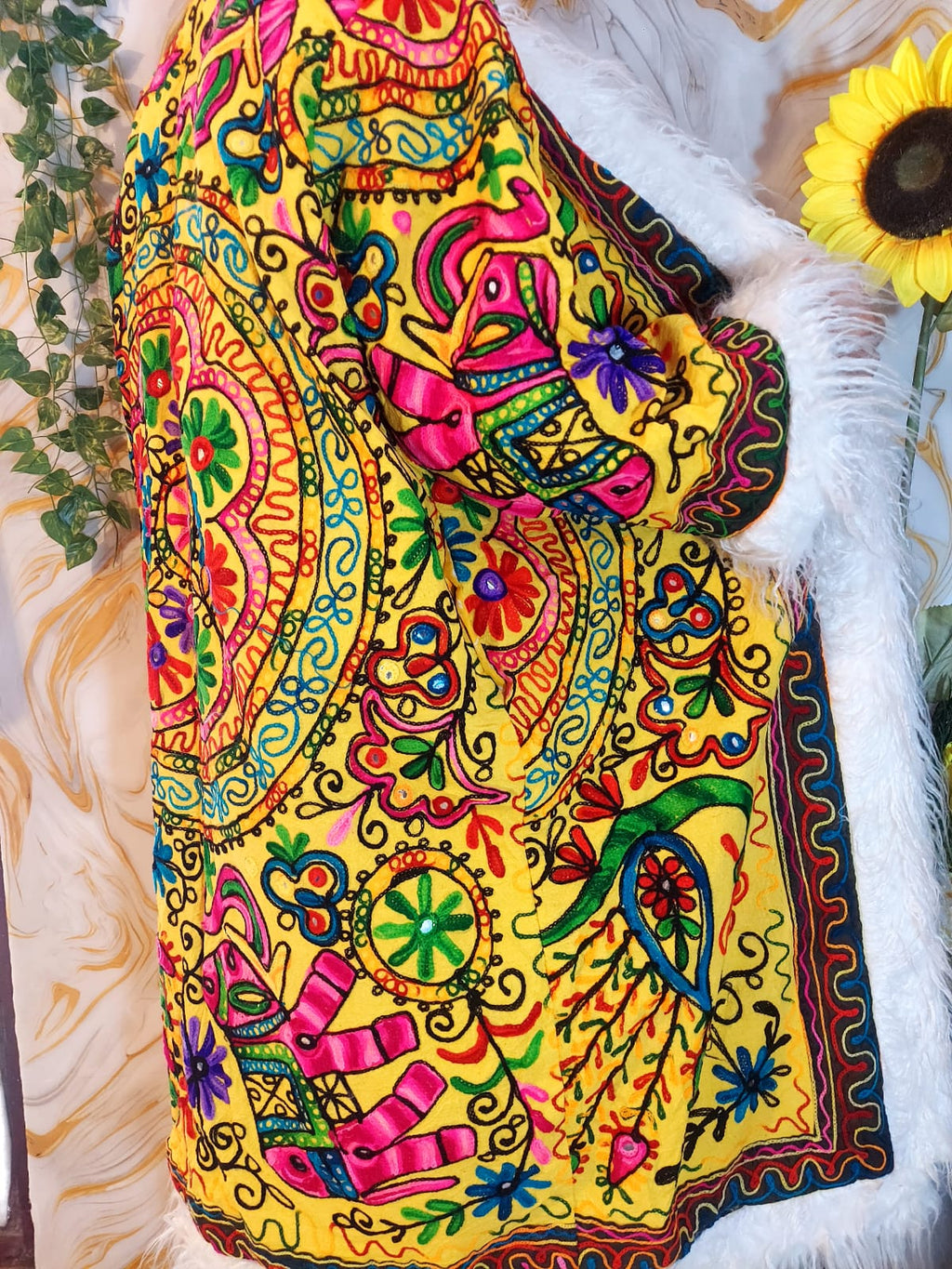 Vintage lava orange Floral Embroidered Afghan Coat: Mongolian Fur Trim, Reversible Cotton,