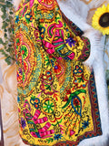 Vintage lava orange Floral Embroidered Afghan Coat: Mongolian Fur Trim, Reversible Cotton,
