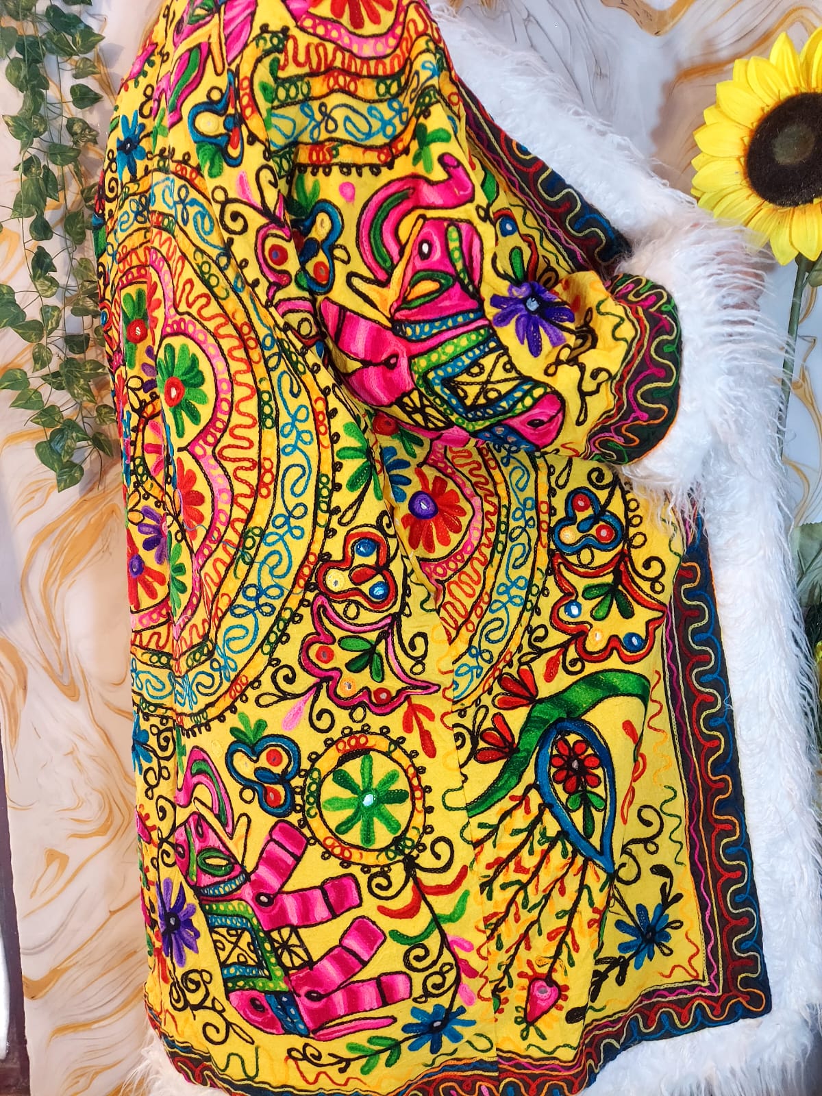 Vintage lava orange Floral Embroidered Afghan Coat: Mongolian Fur Trim, Reversible Cotton,