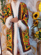 Vintage lava orange Floral Embroidered Afghan Coat: Mongolian Fur Trim, Reversible Cotton,
