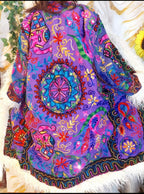 Reversible purple Embroidered Floral Coat: Mongolian Fur Trim, Boho Festival Jacket, ready to wear