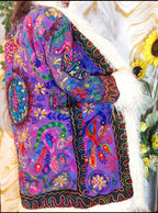 Reversible purple Embroidered Floral Coat: Mongolian Fur Trim, Boho Festival Jacket, ready to wear