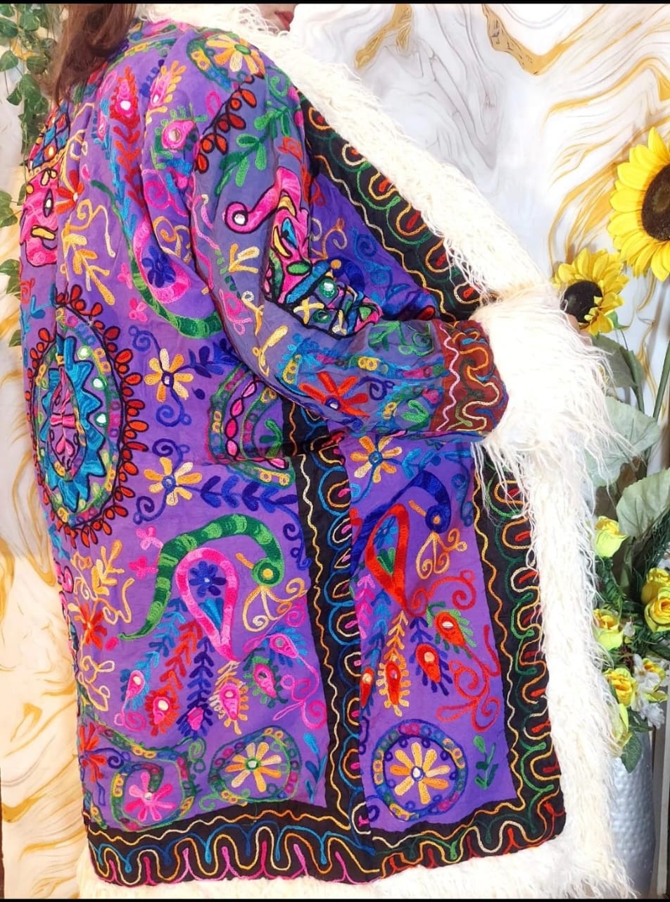 Reversible purple Embroidered Floral Coat: Mongolian Fur Trim, Boho Festival Jacket, ready to wear