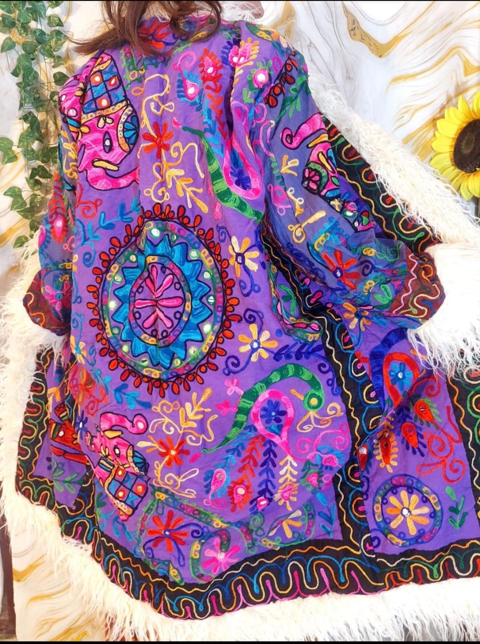 Reversible purple Embroidered Floral Coat: Mongolian Fur Trim, Boho Festival Jacket, ready to wear