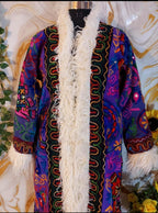 Reversible purple Embroidered Floral Coat: Mongolian Fur Trim, Boho Festival Jacket, ready to wear