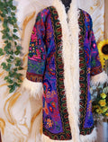 Reversible purple Embroidered Floral Coat: Mongolian Fur Trim, Boho Festival Jacket, ready to wear