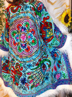Vintage ocean blue Floral Embroidered Afghan Coat: Mongolian Fur Trim, Reversible Cotton