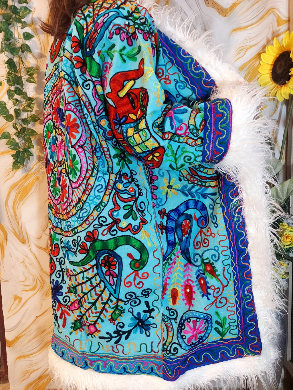 Vintage ocean blue Floral Embroidered Afghan Coat: Mongolian Fur Trim, Reversible Cotton