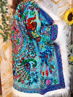 Vintage ocean blue Floral Embroidered Afghan Coat: Mongolian Fur Trim, Reversible Cotton