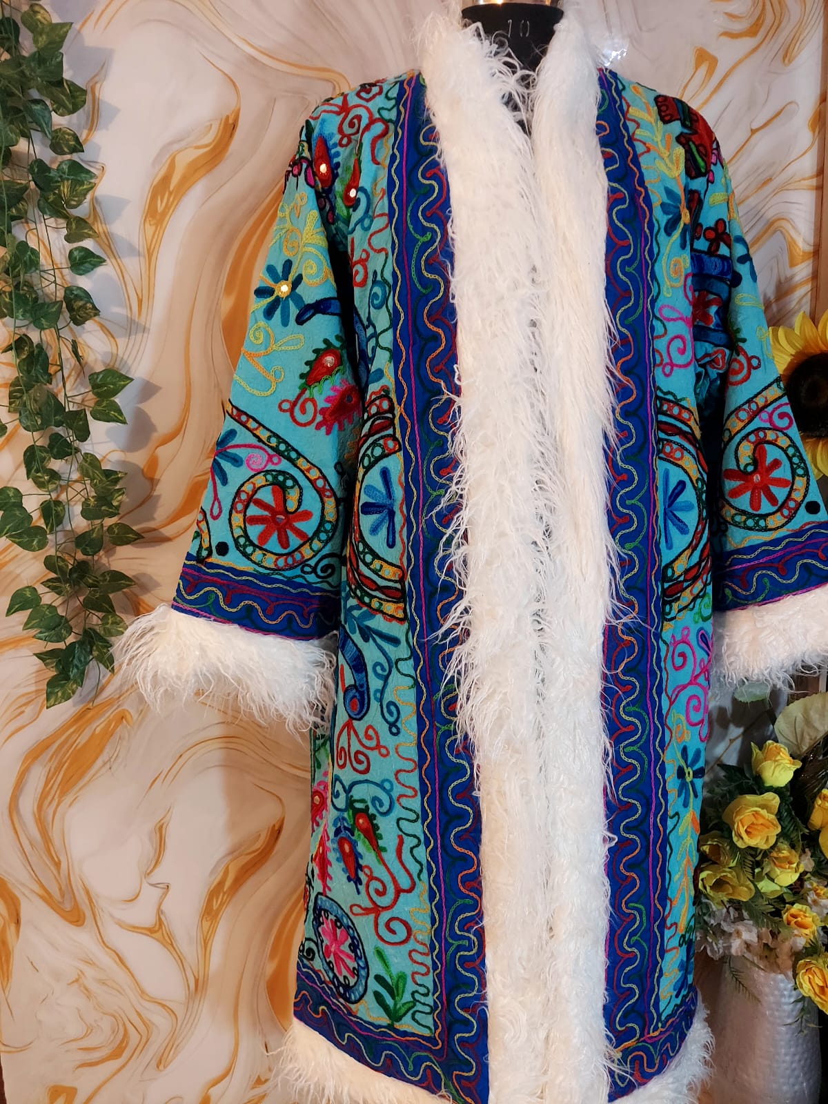 Vintage ocean blue Floral Embroidered Afghan Coat: Mongolian Fur Trim, Reversible Cotton