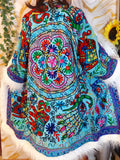 Vintage ocean blue Floral Embroidered Afghan Coat: Mongolian Fur Trim, Reversible Cotton