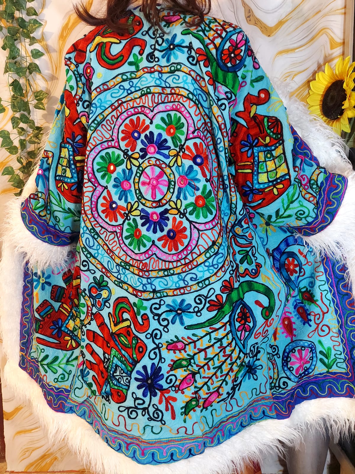 Vintage ocean blue Floral Embroidered Afghan Coat: Mongolian Fur Trim, Reversible Cotton