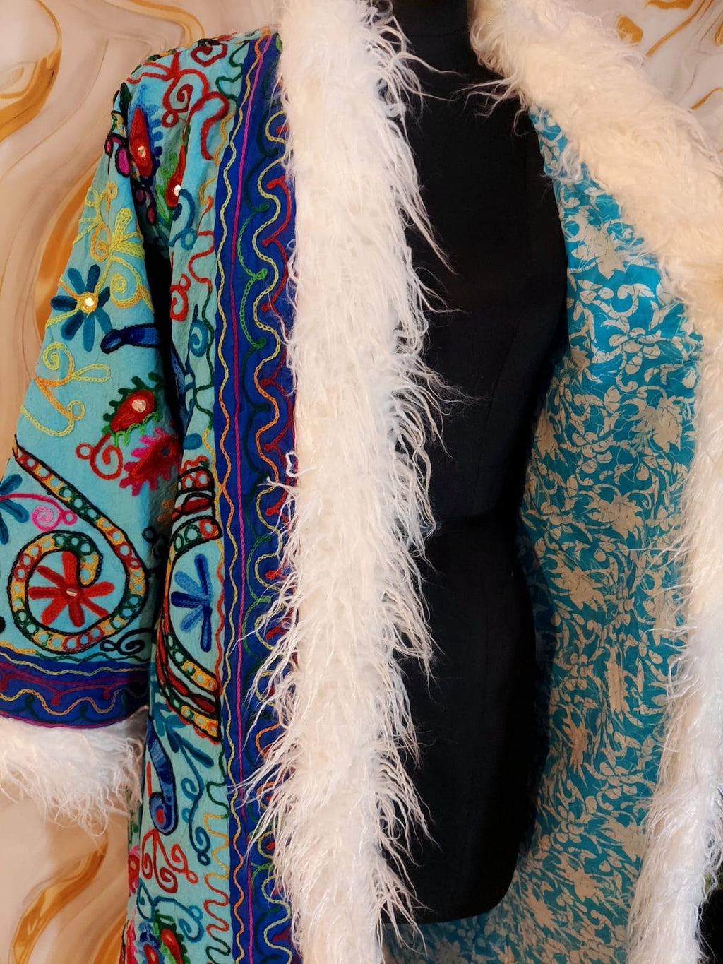 Vintage ocean blue Floral Embroidered Afghan Coat: Mongolian Fur Trim, Reversible Cotton