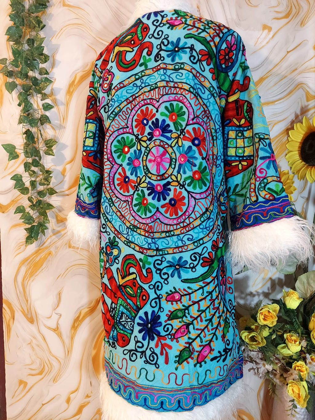 Vintage ocean blue Floral Embroidered Afghan Coat: Mongolian Fur Trim, Reversible Cotton