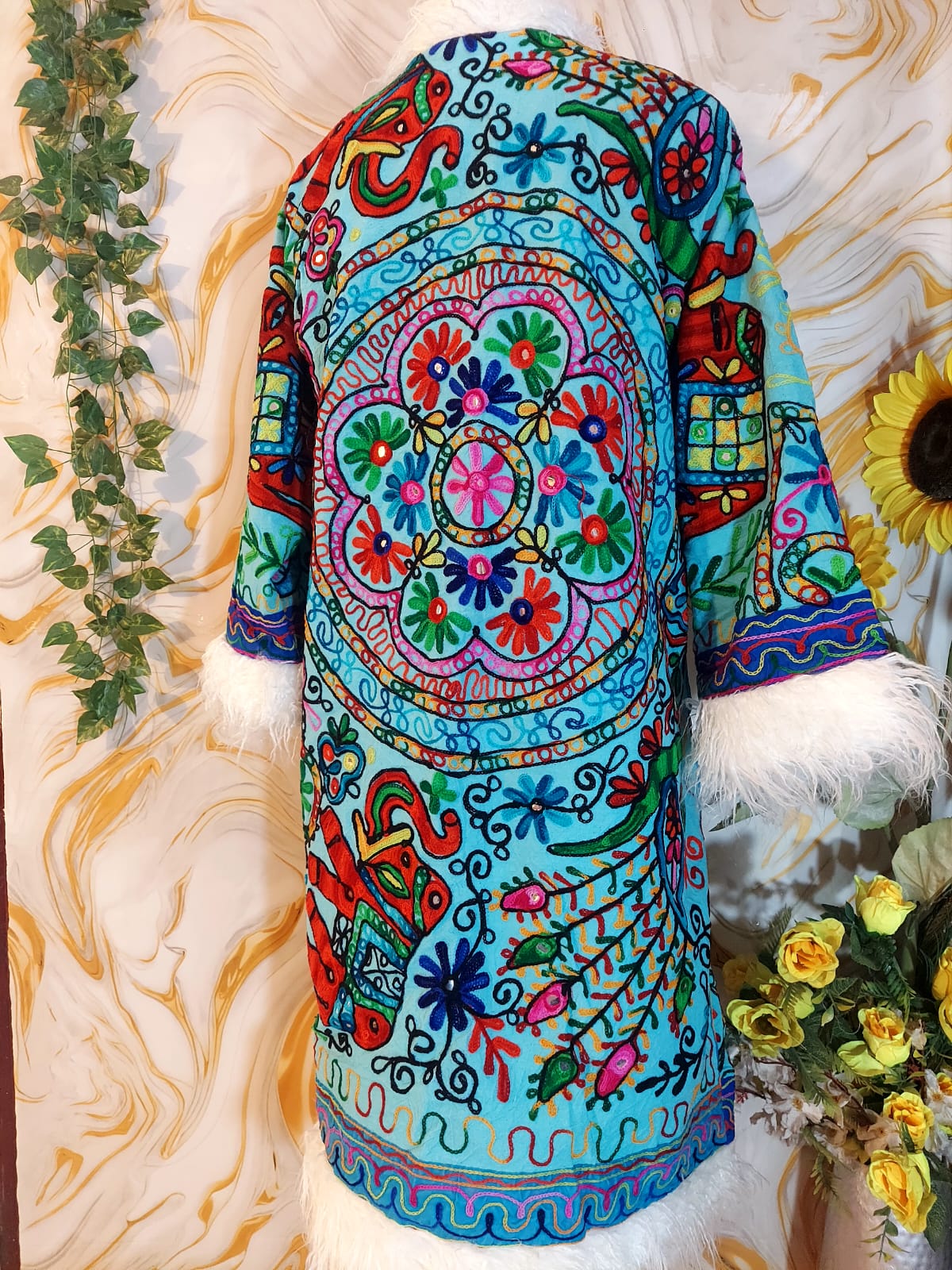 Vintage ocean blue Floral Embroidered Afghan Coat: Mongolian Fur Trim, Reversible Cotton