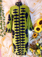 Velvet Suzani Embroidered Kimono Robe – Parrot Green Bohemian Long Coat
