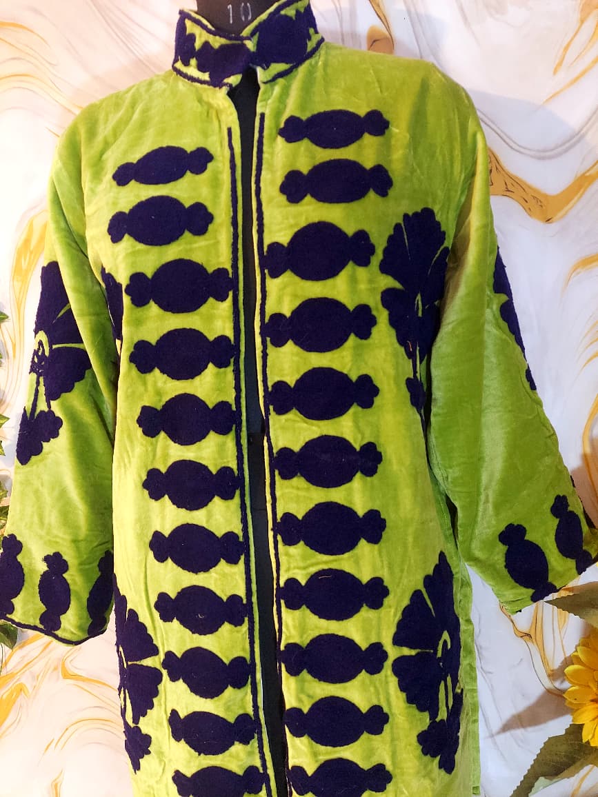 Velvet Suzani Embroidered Kimono Robe – Parrot Green Bohemian Long Coat