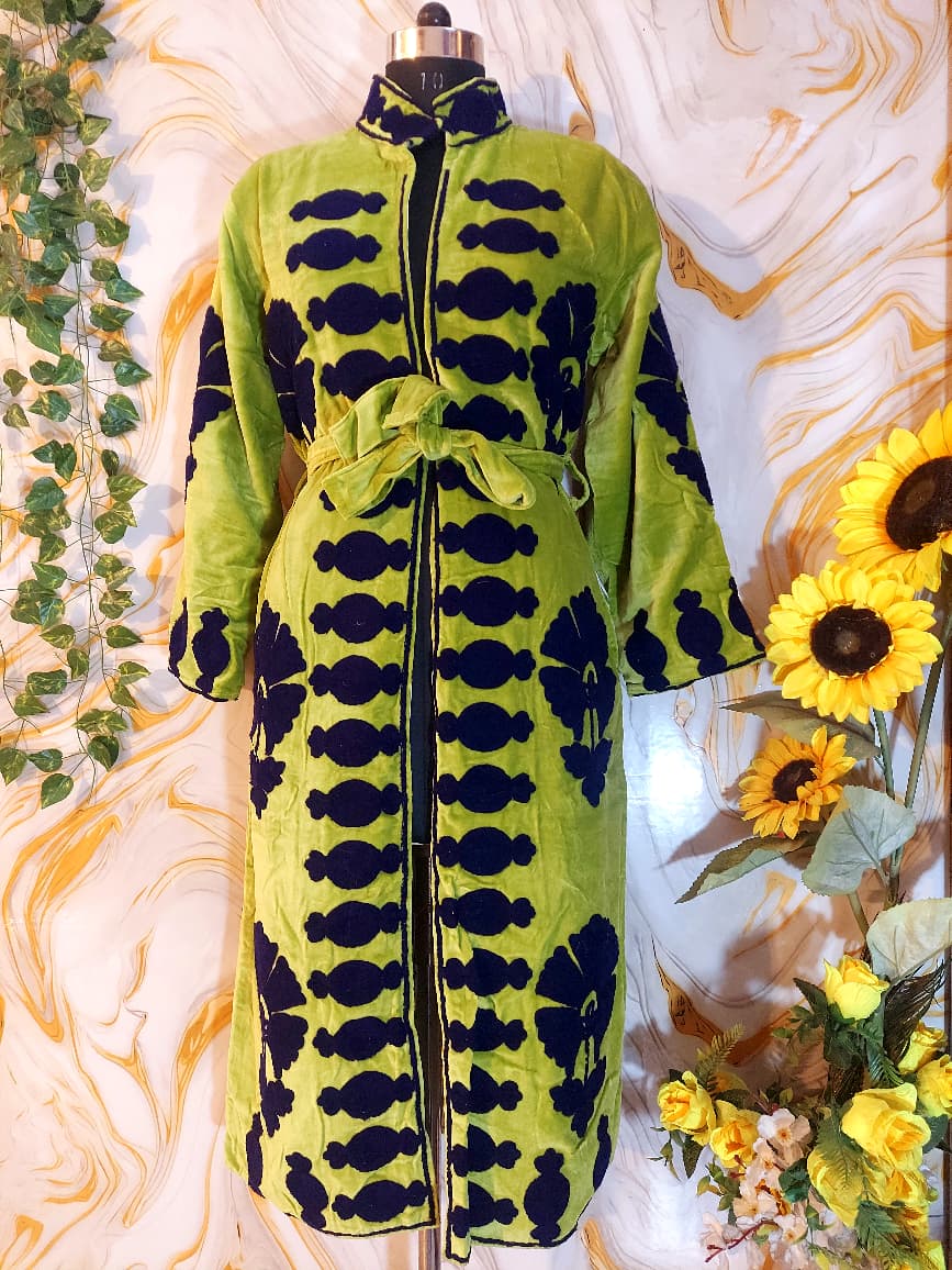 Velvet Suzani Embroidered Kimono Robe – Parrot Green Bohemian Long Coat