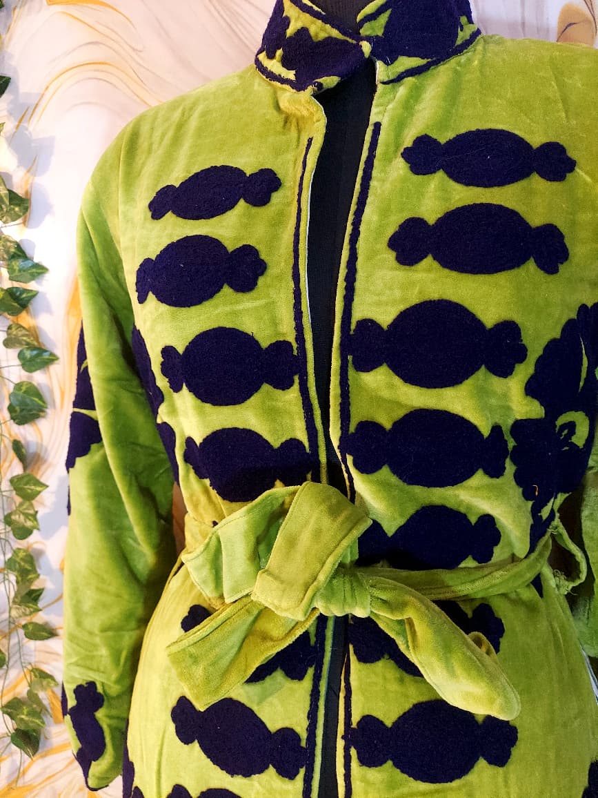 Velvet Suzani Embroidered Kimono Robe – Parrot Green Bohemian Long Coat
