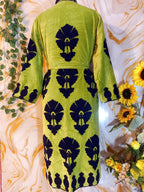 Velvet Suzani Embroidered Kimono Robe – Parrot Green Bohemian Long Coat