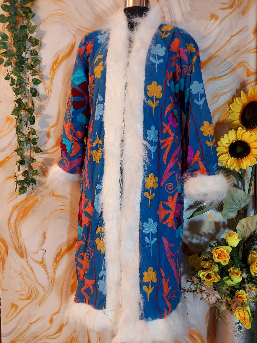 Azure blue handmade Suzani Embroidered Faux Fur Trim Coat: Bohemian Afghan Style Jacket