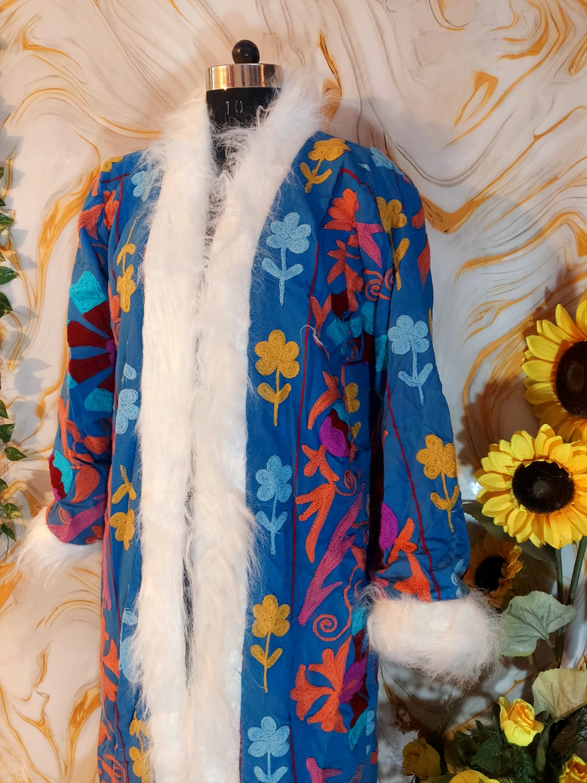 Azure blue handmade Suzani Embroidered Faux Fur Trim Coat: Bohemian Afghan Style Jacket