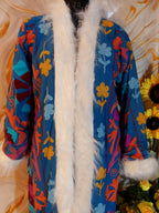 Azure blue handmade Suzani Embroidered Faux Fur Trim Coat: Bohemian Afghan Style Jacket