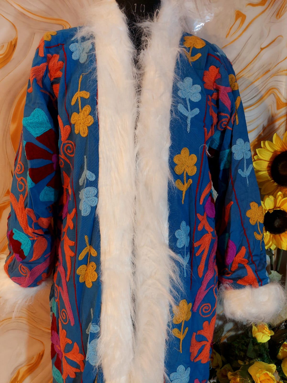 Azure blue handmade Suzani Embroidered Faux Fur Trim Coat: Bohemian Afghan Style Jacket