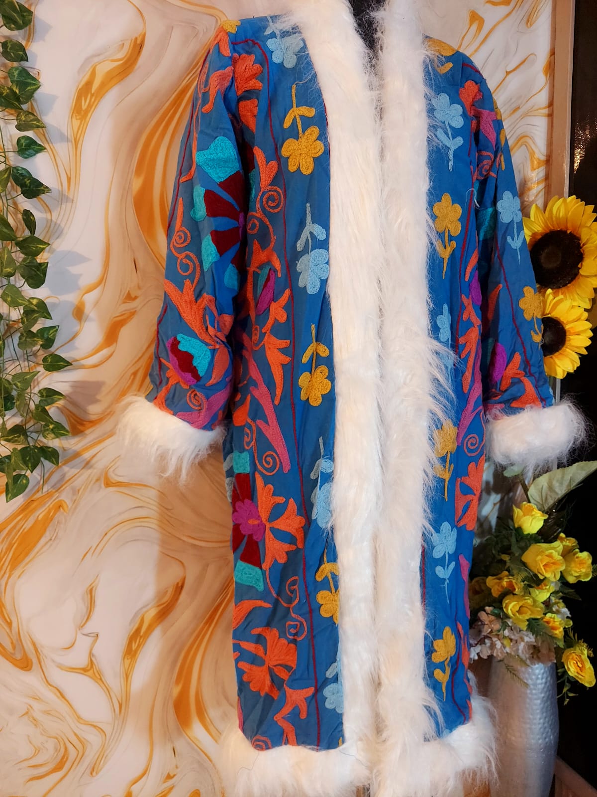 Azure blue handmade Suzani Embroidered Faux Fur Trim Coat: Bohemian Afghan Style Jacket