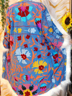 Azure blue handmade Suzani Embroidered Faux Fur Trim Coat: Bohemian Afghan Style Jacket