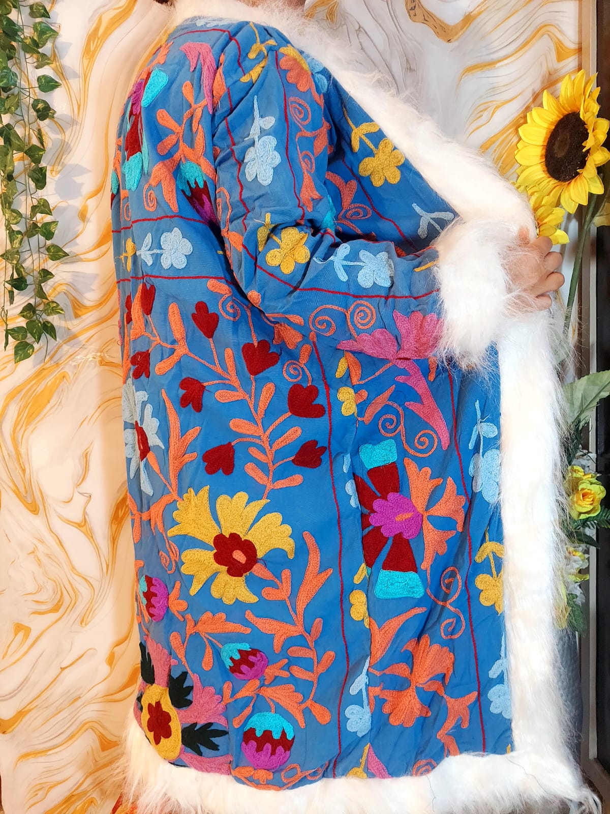 Azure blue handmade Suzani Embroidered Faux Fur Trim Coat: Bohemian Afghan Style Jacket