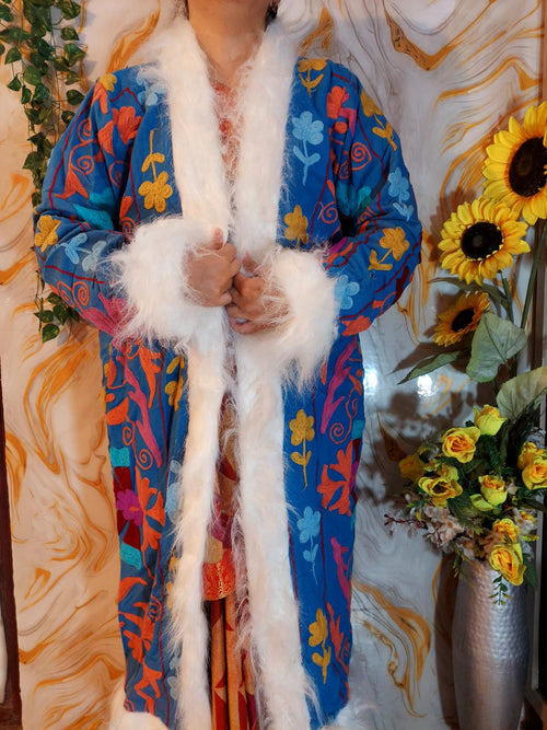 Azure blue handmade Suzani Embroidered Faux Fur Trim Coat: Bohemian Afghan Style Jacket