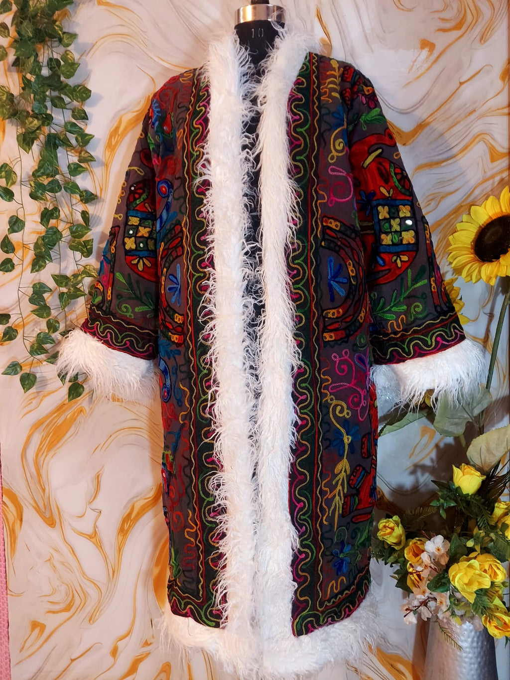Vintage matte black Floral Embroidered Afghan Coat: Mongolian Fur Trim, Reversible Cotton